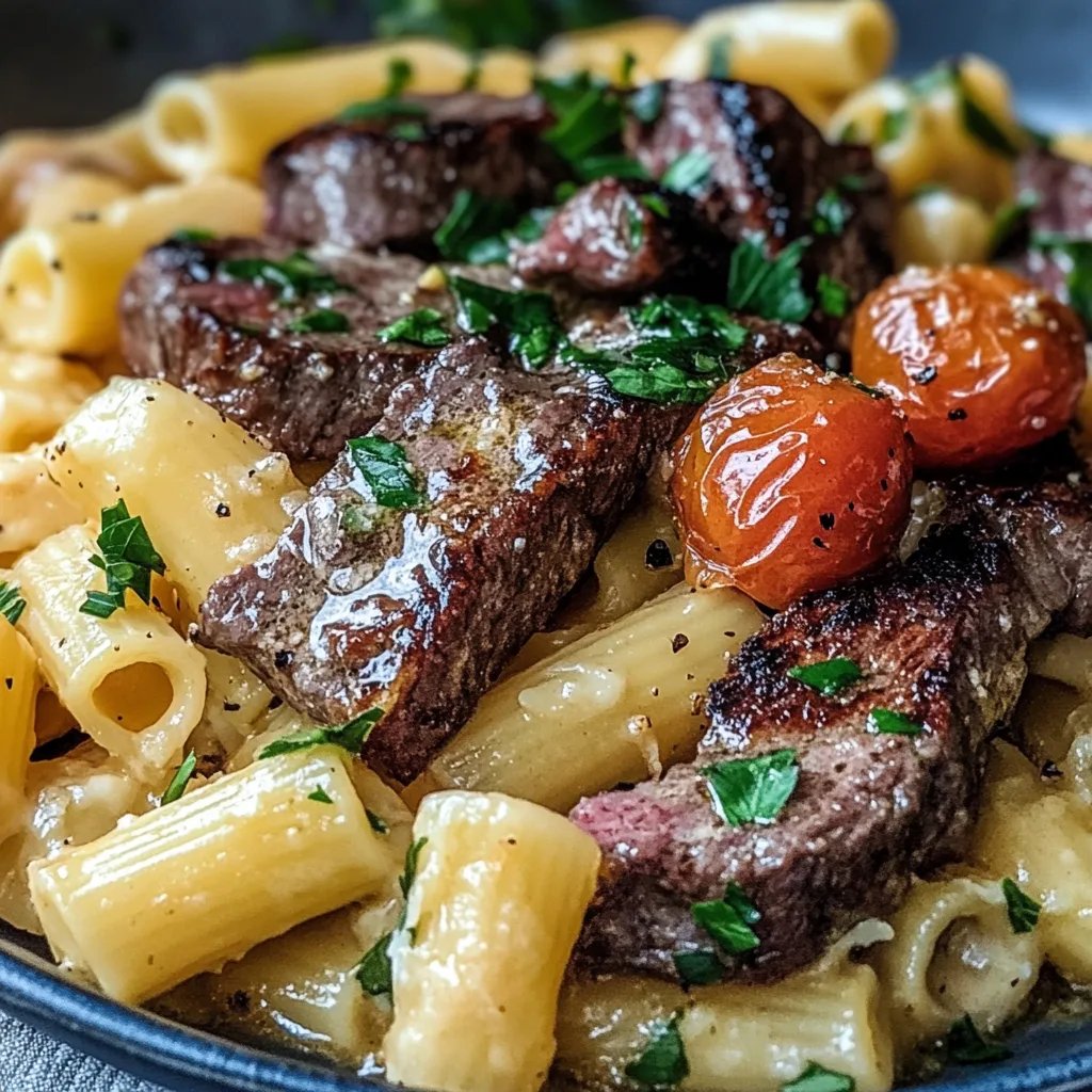 Knoblauchbutter-Steakspitzen mit käsigen Rigatoni