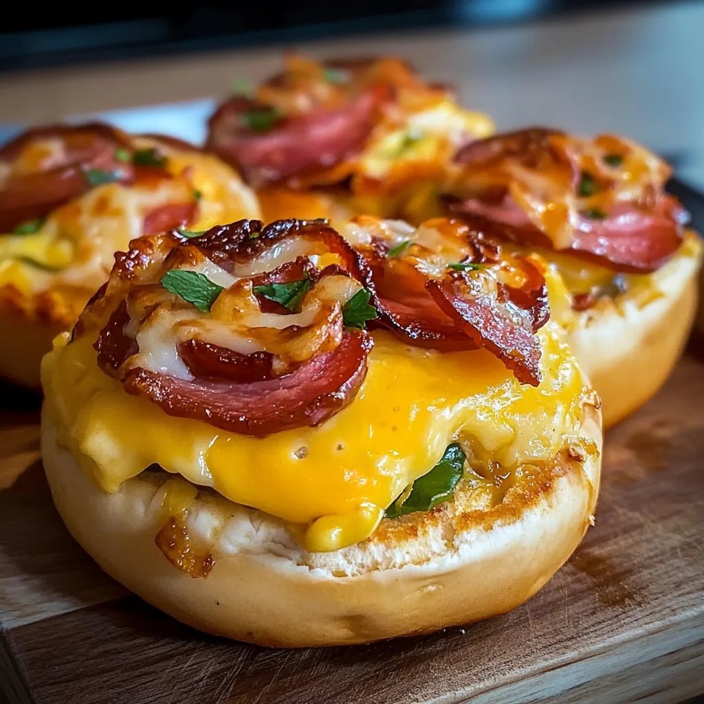 Frühstücksbrötchen mit Rührei, Käse und Rinderbacon